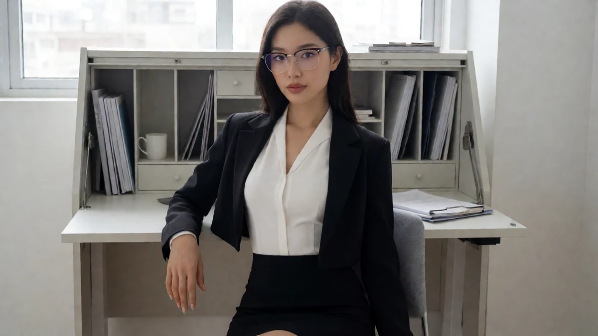 眼镜妹秘书主题图，戴细框眼镜的成年女性穿白衬衫与深色外套坐在办公桌旁