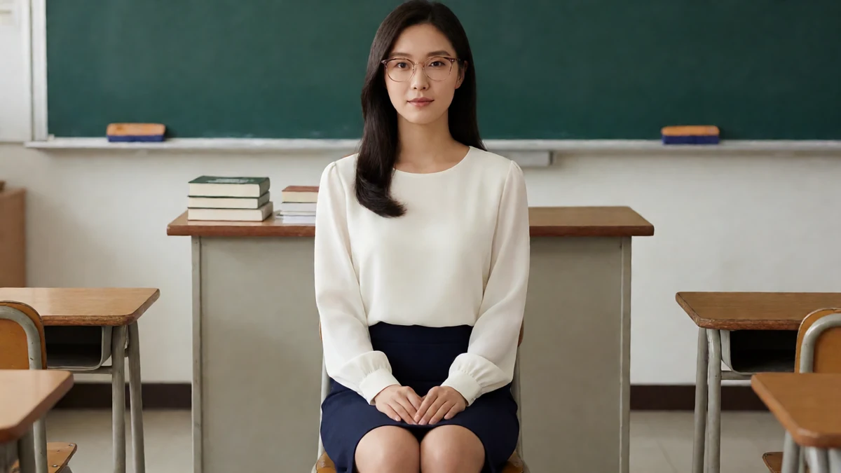 眼镜妹女教师主题图，戴深色眼镜的成年女性坐在教室讲台与黑板前
