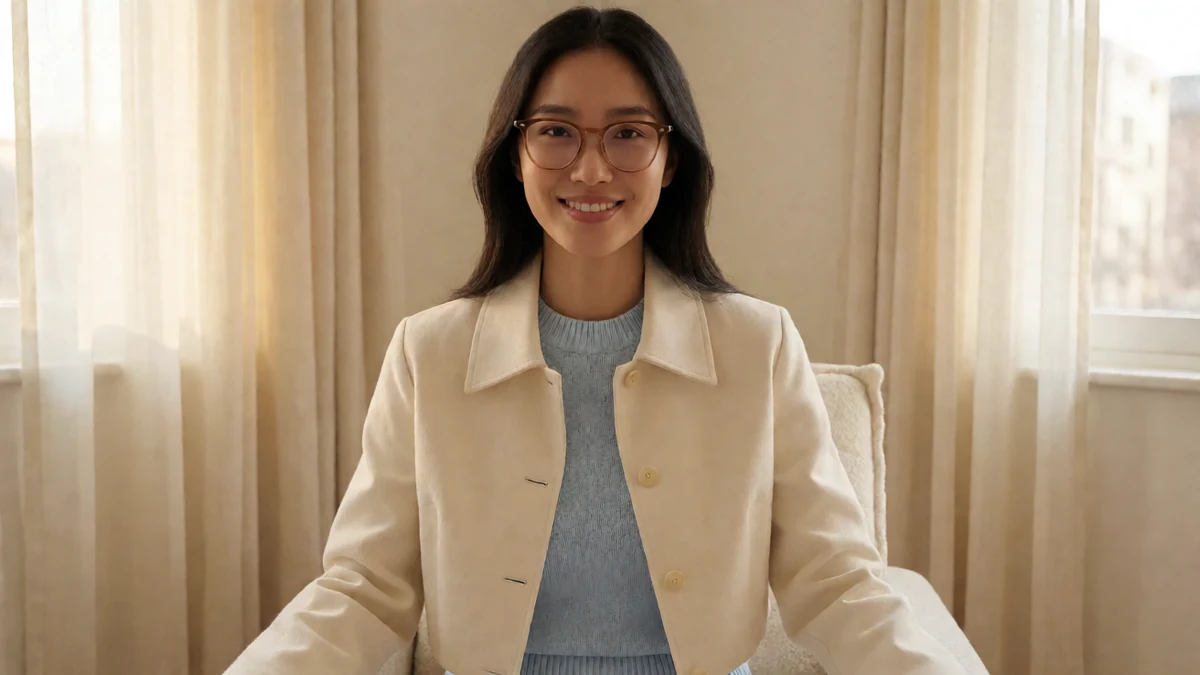 眼镜妹清纯女友主题图，戴小圆框眼镜的成年女性坐在居家窗边