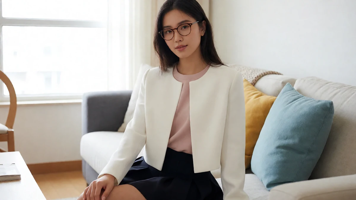 眼镜妹客厅近景图，戴圆框眼镜的成年女性穿奶白外套坐在沙发旁