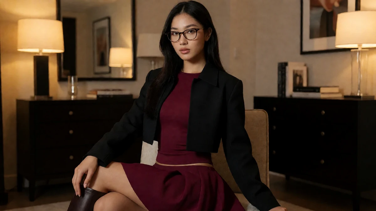 眼镜妹都市穿搭图，戴黑色方框眼镜的成年女性穿酒红短裙坐在暖光室内