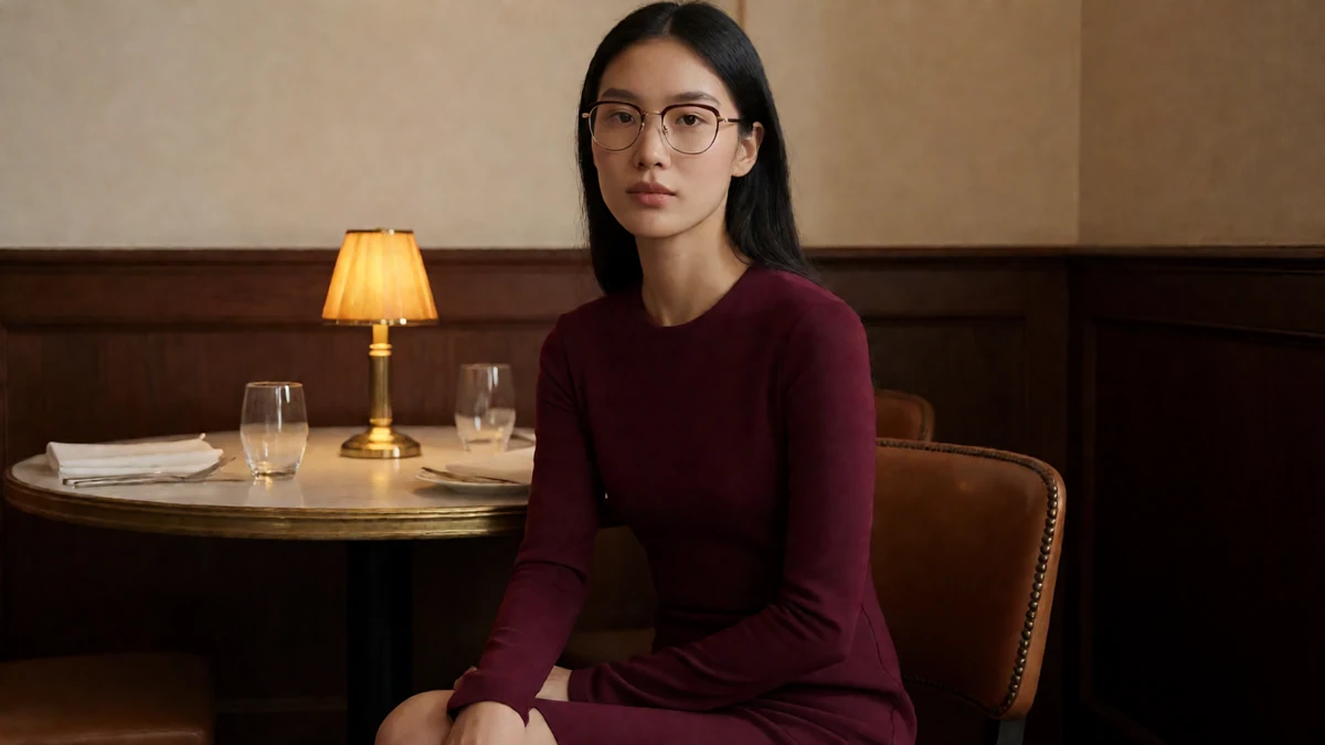 眼镜妹晚餐主题图，戴细金属框眼镜的成年女性穿酒红裙坐在餐桌旁