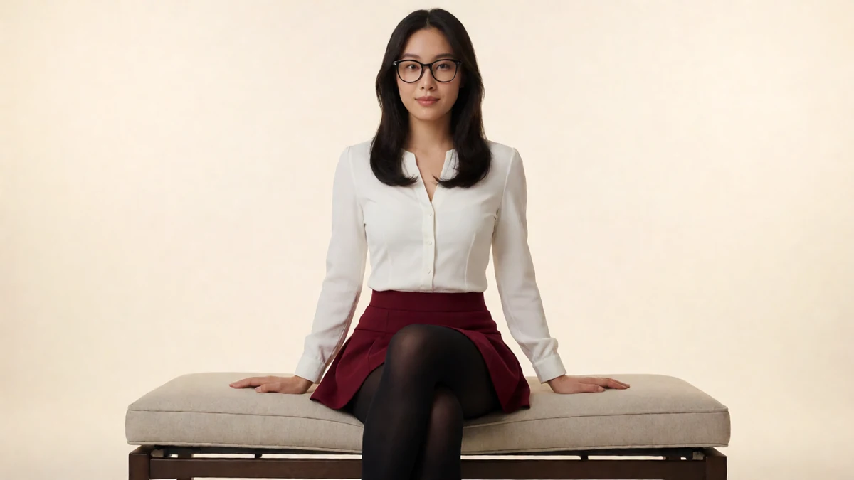 眼镜妹丝袜穿搭图，戴眼镜的成年女性穿白上衣、酒红短裙与黑丝袜坐在浅色长凳上