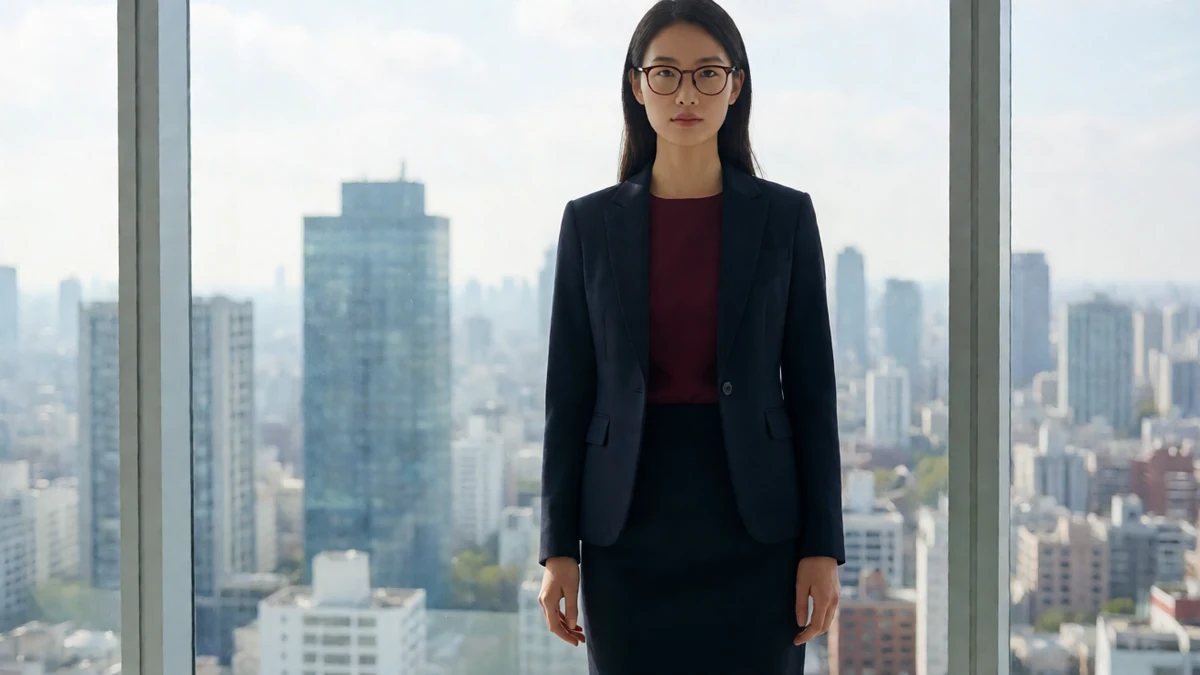 眼镜妹女上司风主题图，戴窄框眼镜的成年女性穿深色西装站在玻璃办公室