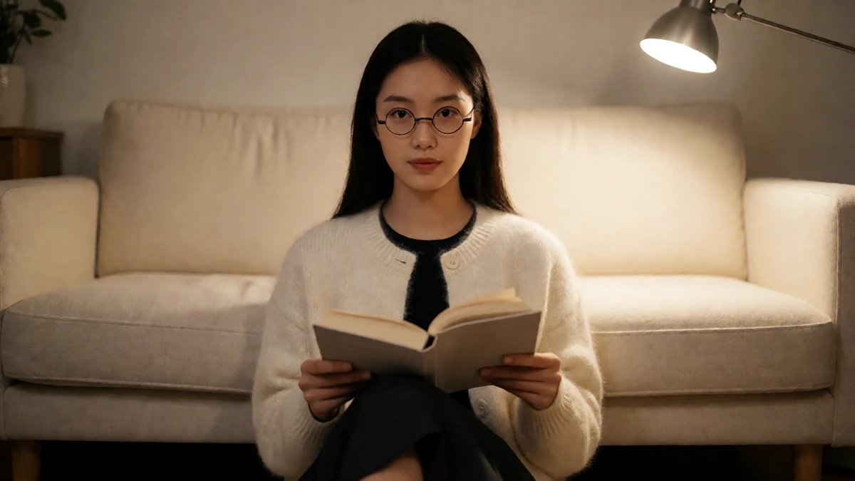 眼镜妹晚间居家主题图，戴圆框眼镜的成年女性坐在客厅灯旁翻书