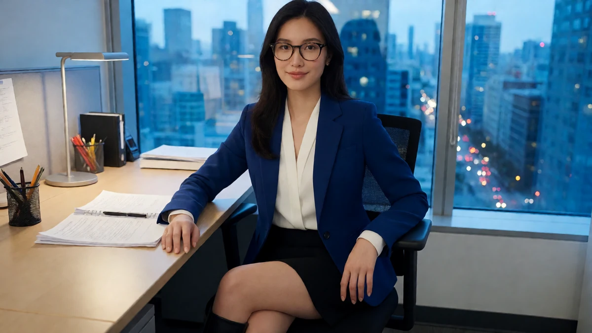 眼镜妹夜间秘书主题图，戴黑色细框眼镜的成年女性穿深蓝外套坐在办公室窗边