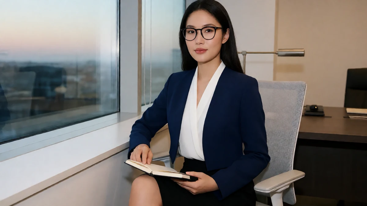 眼镜妹首页主题图，戴黑色细框眼镜的成年女性坐在办公室窗边持笔记本